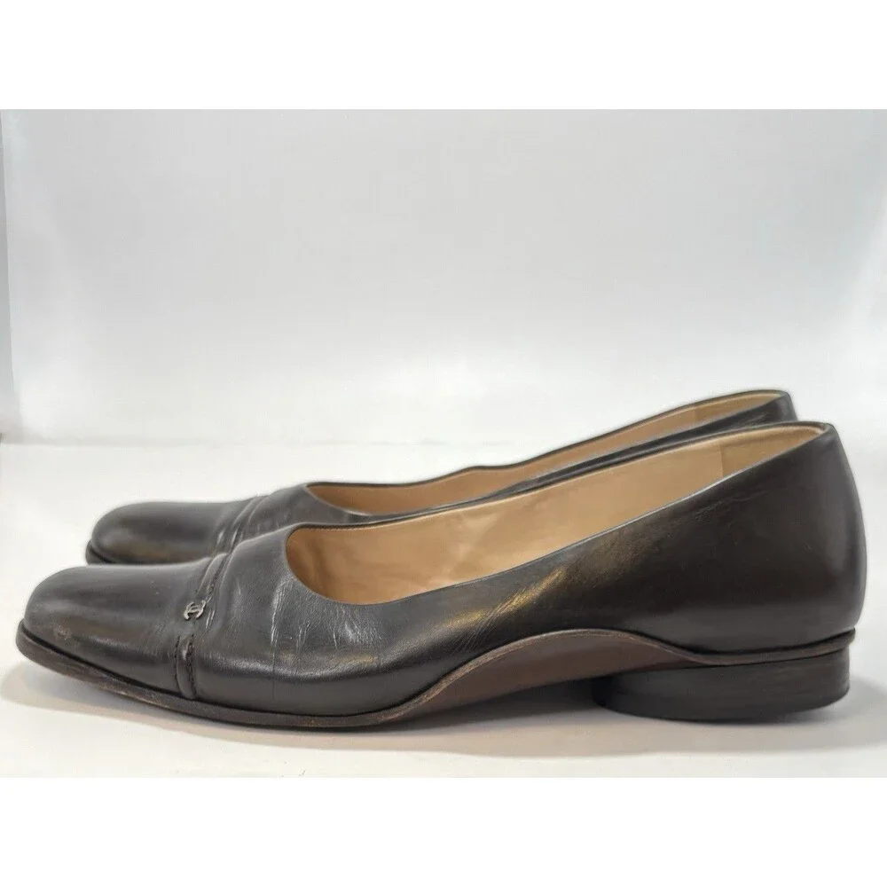 Chanel Square Toe Low Heel Black Leather Classic CC Logo Pumps EU Sz 35.5 5.5 - Picture 3 of 12